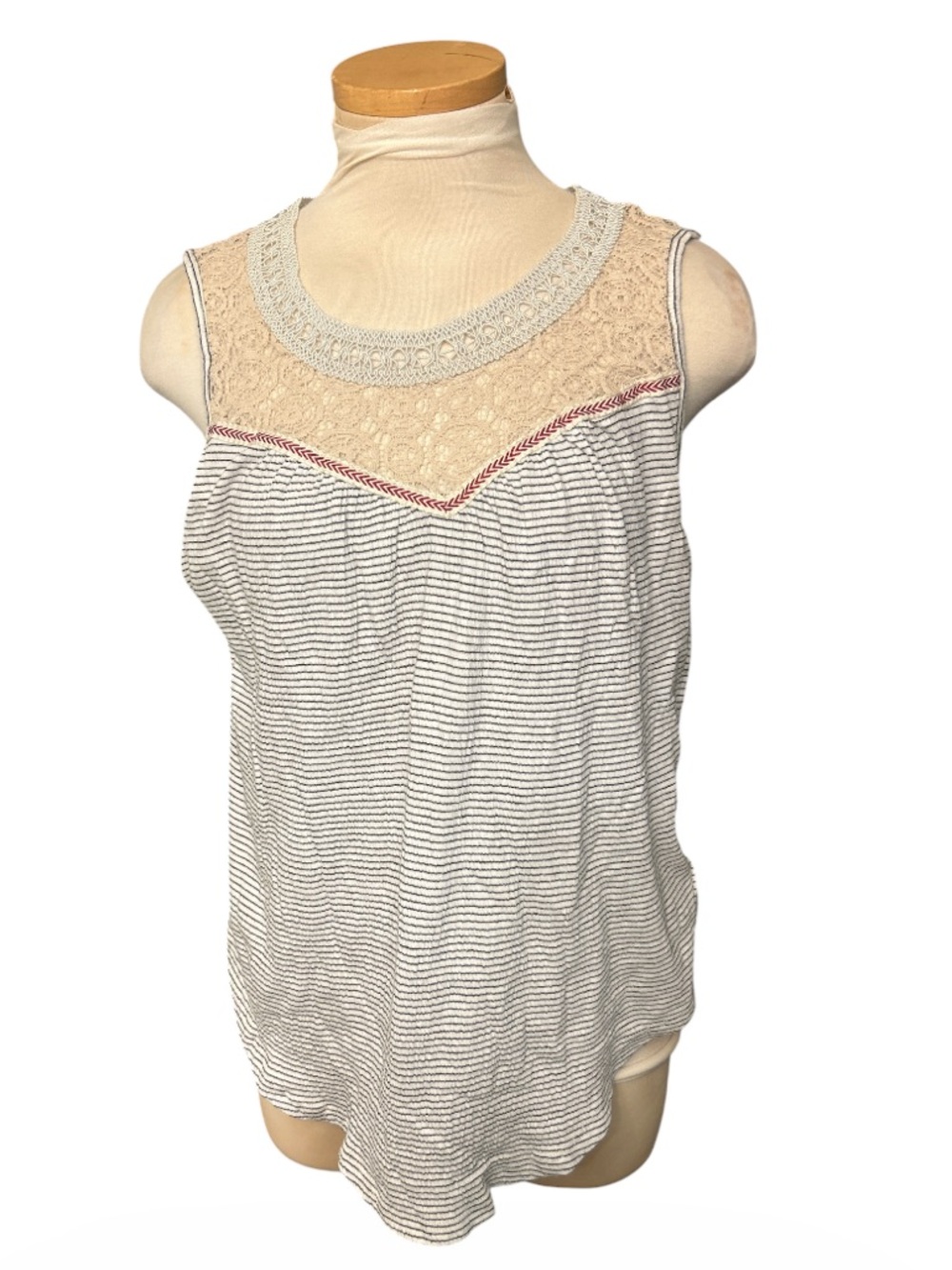 Maeve Anthropologie Cream and Beige Lace Yoke Striped Tank Top  Size Medium